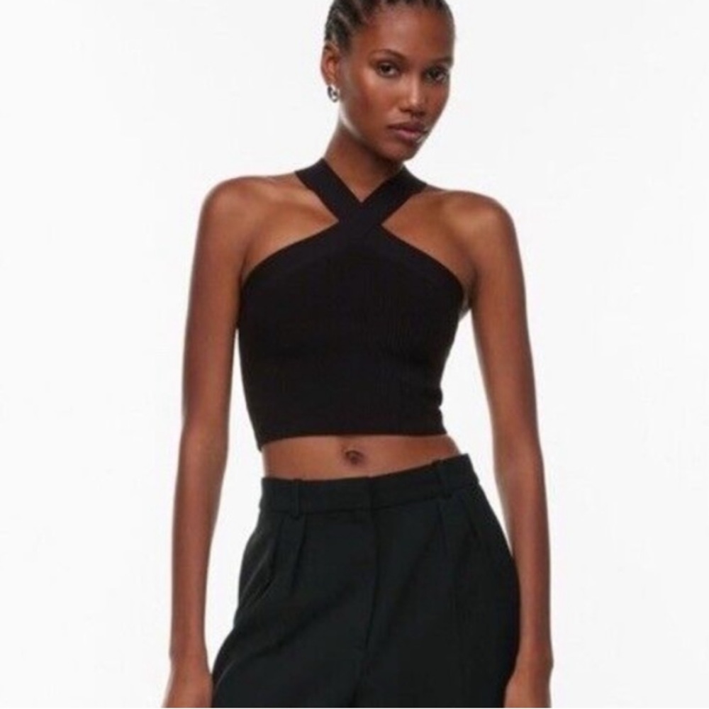 Aritzia Black Cross-Neck Ribbed Tank Top